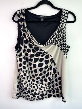 Style & Co. Black and Cream Mixed-Print Drape Neck Sleeves Blouse Size XL
